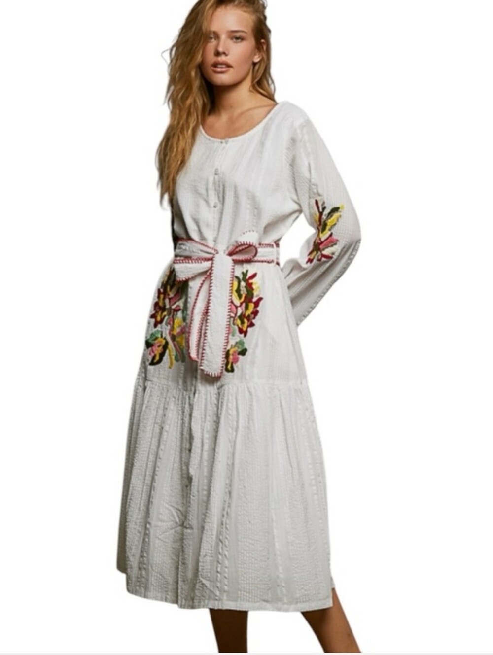 POL - NWOT - Embroidered Midi Boho Floral Belted Dress